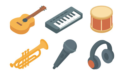 Isometric musical instrument set: guitar, keyboard, drum, trumpet, microphone, headphones