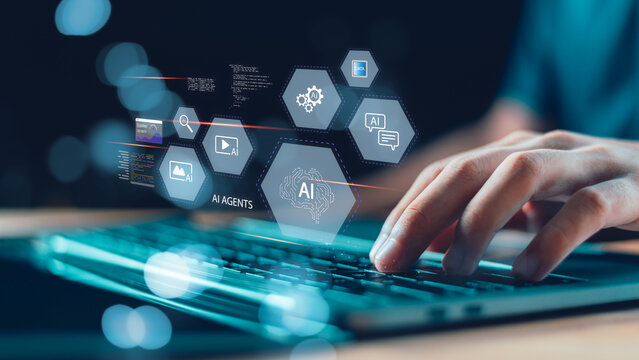 illustrating artificial intelligence agents, machine learning, big data, digital automation in a modern tech concept ,next-gen business solutions ,data analysis ,AI-driven automation , innovative