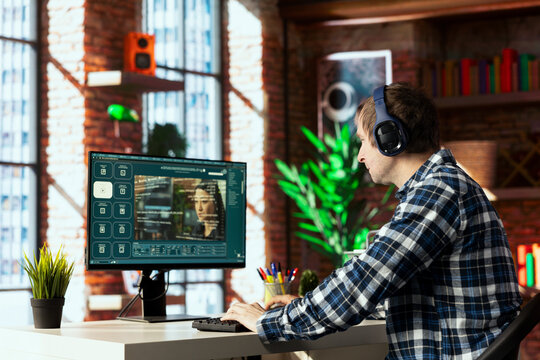 Man in home office uses artificial intelligence to generate compelling videos from basic text prompts. Person uses AI GPT generating clips using computer vision and natural language processing