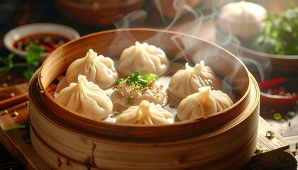 Steamed dumplings in bamboo steamer