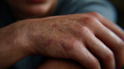 Fototapeta premium Close-up of a child's hand with an irritated rash, highlighting skin texture and eczema, ideal for dermatology and skincare content.