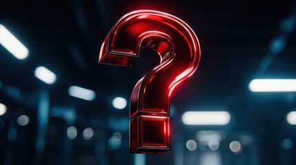 A luminous red question mark floats in a dark space, highlighted by ambient lighting. Ideal for concepts of mystery, inquiry, and knowledge.