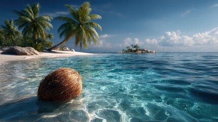 A lone coconut floats in turquoise waters near a secluded sandy island with lush palm trees, embodying tranquility and tropical escape.
