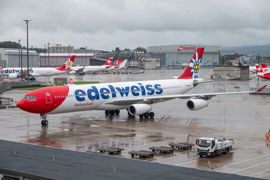 Edelweiss Airbus A340 at the airport of zurich in swiss
