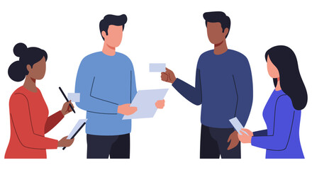 Obraz premium Business people networking exchanging business cards discussing deal strategy illustrating cooperation and teamwork for corporate success.