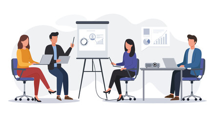 Fototapeta premium Business presentation team brainstorming and data analysis on laptops in office fostering teamwork strategy and project collaboration success