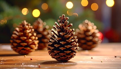Christmas pinecones on wooden surface