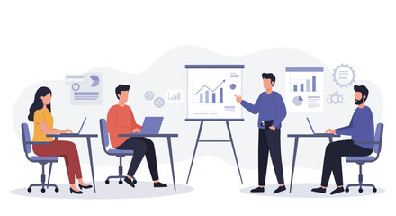 Business presentation team in training session with data charts demonstrating collaboration and corporate strategy in modern office ideal for marketing