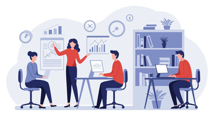 business presentation with team showing charts graphs and data reports in office ideal for illustrating corporate communication and data analysis.