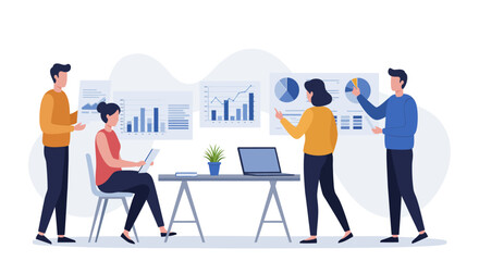 business team analyzing data collaborative meeting with charts graphs laptop at office illustrating strategy and market analysis for success