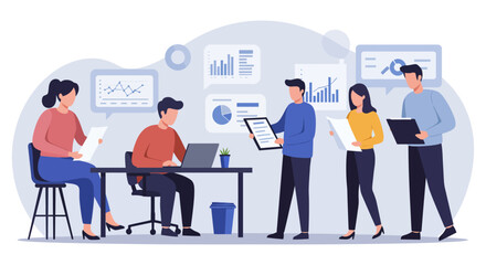 business team analyzing data reviewing charts in modern office fostering collaboration and data-driven decisions for corporate strategy and success
