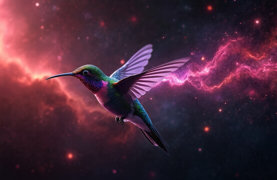 Vibrant hummingbird hovers in cosmic red nebula. Bird in motion, wings blurred by speed. Iridescent feathers glow, leaving trail of neon particles. Abstract digital illustration of fantasy wildlife - Powered by Adobe