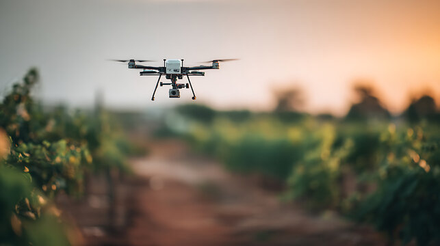 Drone flying over vineyard rows during sunset