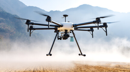 A drone hovers over a field with mountains in the background, dispersing mist or dust.