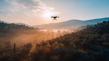 Drone flying over misty olive grove at sunrise with mountainous landscape in background