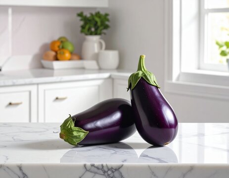 Fresh eggplants on a kitchen counter with natural light in a modern home Generative AI