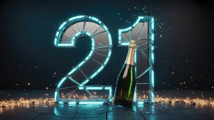 Giant illuminated number 21 made of glass and ice with a champagne bottle and celebratory confetti