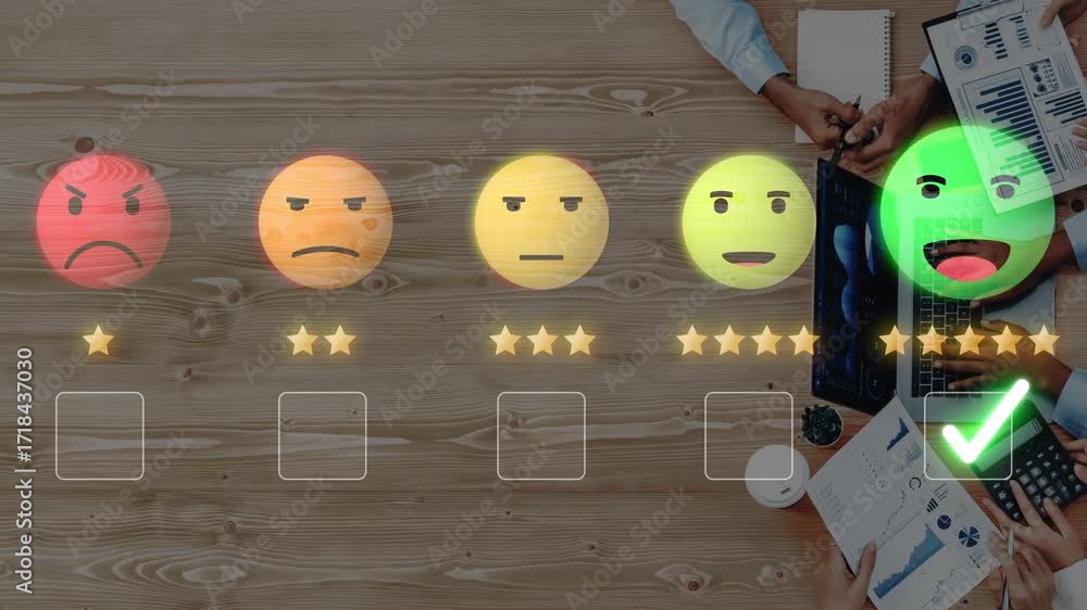 Poster emotional feedback icons on a wooden table display customer satisfaction levels, showcasing a positi