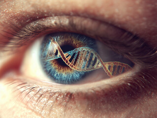 Human eye showing dna strands: genetics and health research