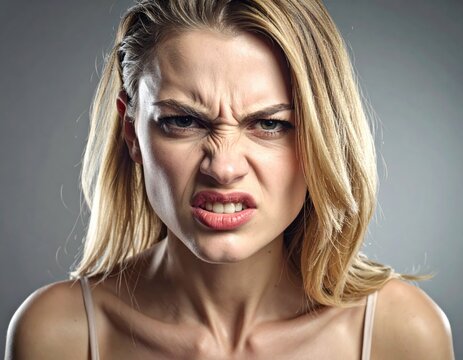 Expressive generative AI illustration of a woman's intense facial reaction Generative AI