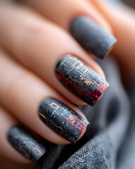 Intricate circuit-board patterns on dark nails evoke a blend of elegance and innovation.