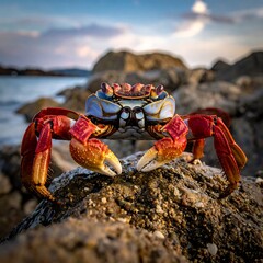 Vibrant crab on rocks at sunset