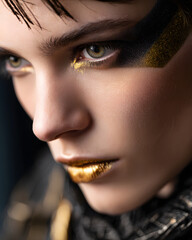 A close-up portrait of an androgynous model adorned with bold metallic lipstick and eye makeup that exudes a futuristic vibe.