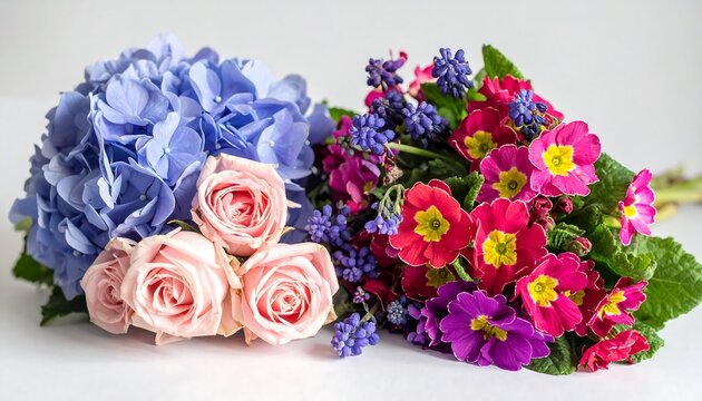 Two vibrant flower bouquets, a light blue hydrangea and a mixed bouquet of pink, red, and purple blooms - Powered by Adobe