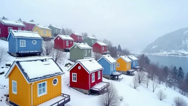 Drone view of colorful hillside houses in snowy Gaupne Norway