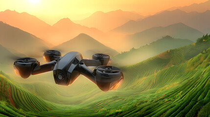 Drone flying over terraced green hills at sunrise with mountainous backdrop