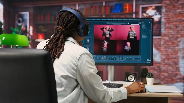 Woman in home office using AI software turning text prompt into photos. Person in apartment using text to image artificial intelligence generator transforming words into pictures, camera B - Powered by Adobe