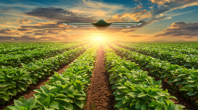 A flying saucer hovers over a vast green crop field at sunset, casting a glowing light across the rows of plants.