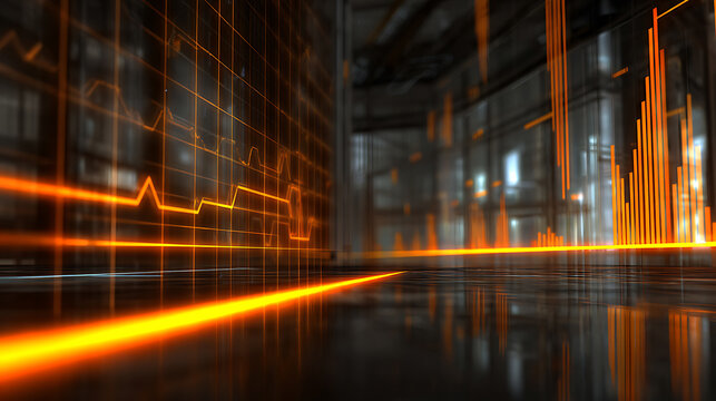 Digital data visualization with glowing orange graphs in a futuristic industrial setting