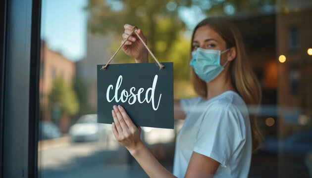 Young woman employee wearing face mask hangs closed sign on shop door. This pandemic restriction symbolizes business closure, economic crisis, end of work for cafes, restaurants, small businesses.