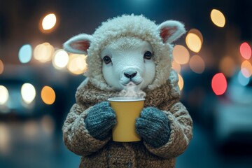 Social ad campaign - animal care. Problem of animal suffering. Sad cute baby animal sheep in winter warm clothes, holding hot tea with rising steam in paws. Freezing animal patrol. Zoo nature.