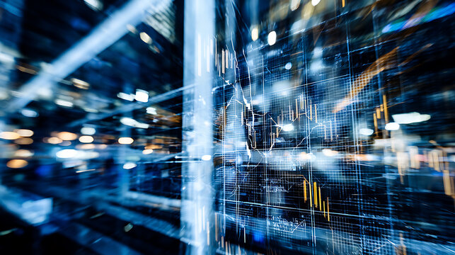 Digital data visualization overlay on urban cityscape at night with financial charts and network connections - Powered by Adobe