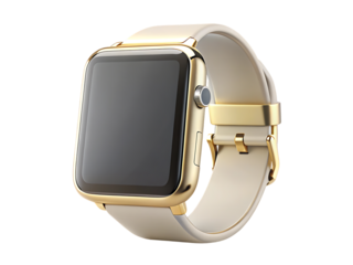 Gold Smartwatch with Cream Band and Digital Screen cutout png isolated on a transparent background technology