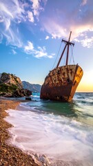 Rusty shipwreck at sunset