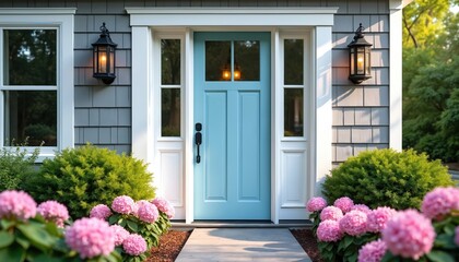 Charming blue front door accented by vibrant pink hydrangeas, rich greenery. Inviting entrance, framed by classic lanterns, enhances home curb appeal with cheerful, blooming summer garden. Welcoming