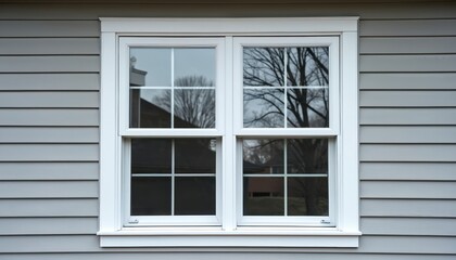 Modern double hung vinyl window installed in house exterior with grey vinyl siding. White frame, trim. Reflects bare tree branches, neighboring house. Clean architectural detail on residential
