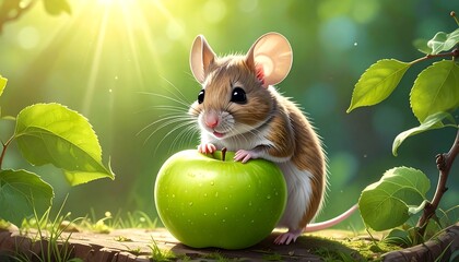 Adorable mouse enjoying a green apple outdoors
