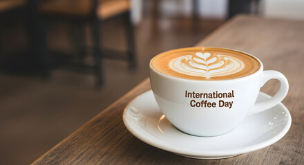 Delicious latte art coffee cup with international coffee day text on a rustic wooden table