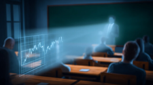 Classroom with holographic projection of a graph and a teacher figure in a dimly lit environment