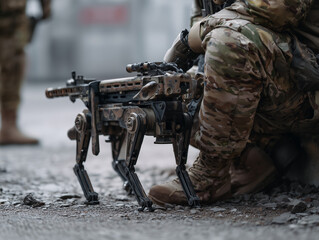 Soldier operating armed robot dog on battlefield during military operation