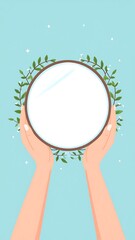 Hands holding a round mirror framed by greenery