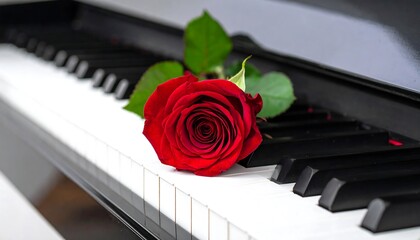 Red rose on piano keys