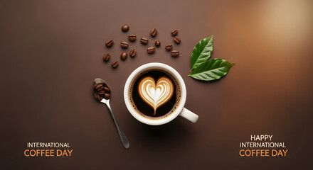 Delicious hot coffee with latte art heart shape in a white cup and coffee beans on a dark background