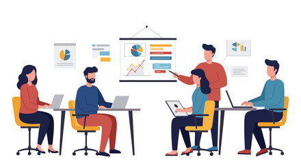 Business presentation showing data charts team collaborating at the office presenting company strategy during teamwork and business planning session.