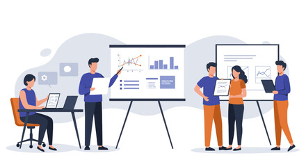 Business team analyzing data charts in a meeting strategizing for growth and innovation in a modern office environment for marketing presentations