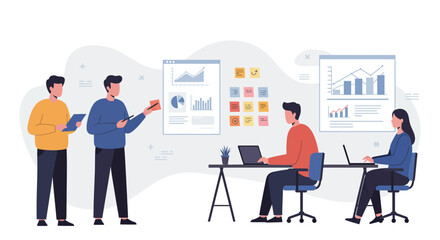 Business team analyzing data collaborating on project in modern office presenting charts and graphs ideal for illustrating teamwork  strategy.